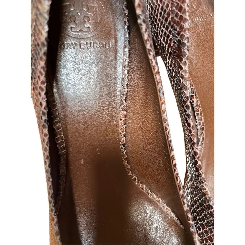 NWOB Tory Burch Amy Brown Snake Skin Leather Block Low Heels 10.5 US